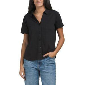 JANE & DELANCEY Black Slub Knit Shirt With Picot Stitch
